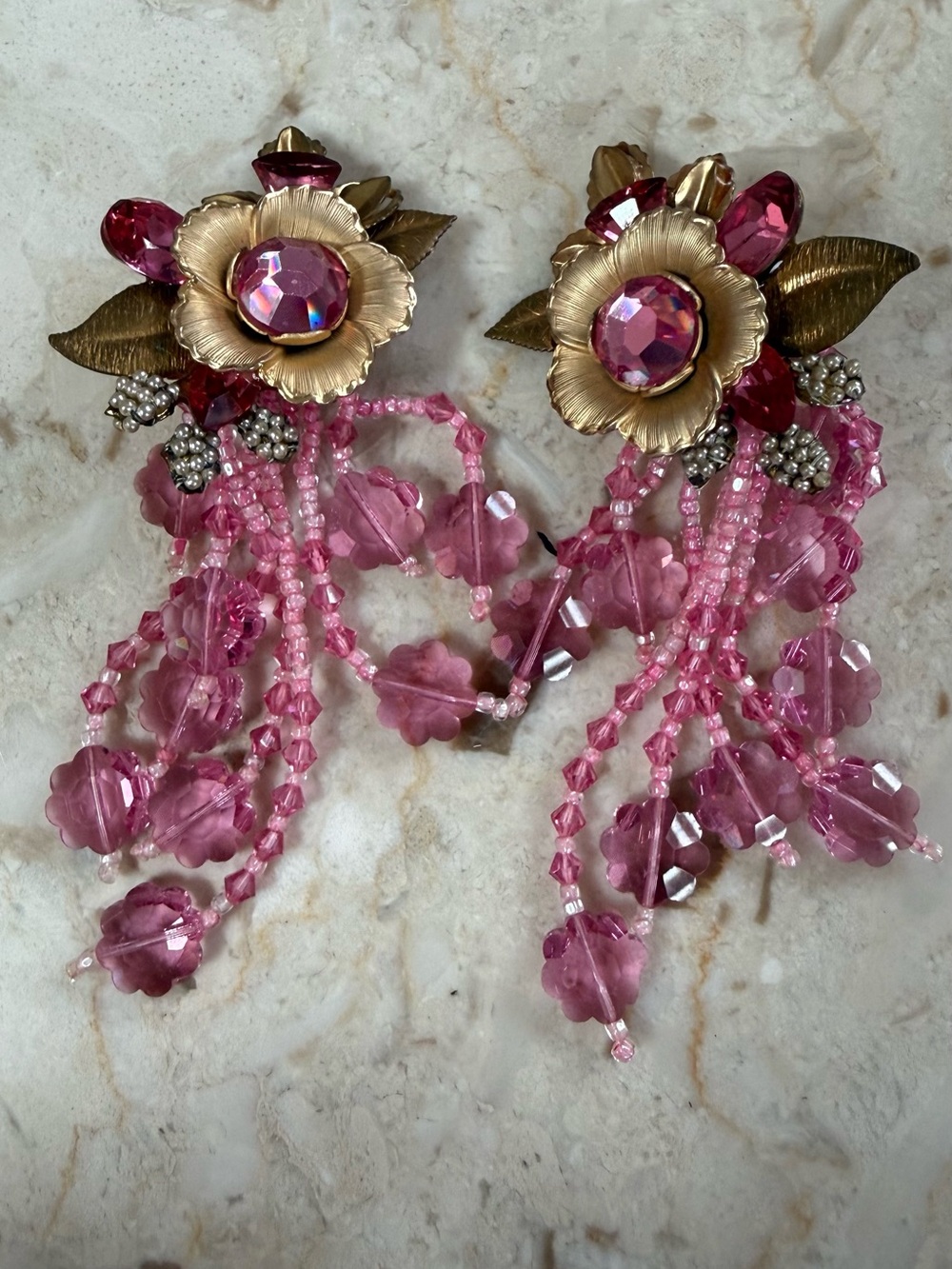 Gold Flower Drop Earrings with Pink Crystal Beads Clip on